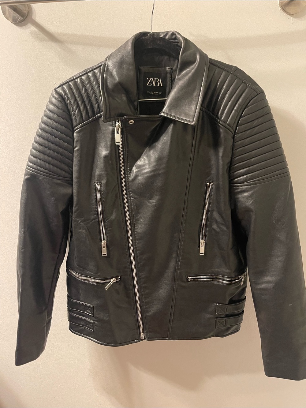 Zara Black Quilted-Shoulder Leather Biker Jacket